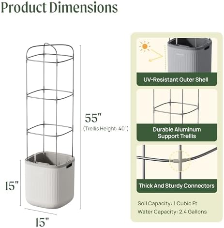 Vego garden Planters for Outdoor & Indoor Plants, Large Plant Pots with Self Watering, 15" Tall Large Plant Pots with Trellis for Flowers Plants Decor, Cream White - Image 2
