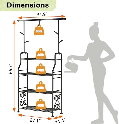 GIOTORENT Plant Stand Indoor Outdoor, 4-Tier Heavy Duty Metal Shelves, Display up to 17 Multiple Plants, Tall Plant Holder with Plant Hanger, Suit for Patio Living Room Garden Balcony, 5 Hooks, Black - Image 3