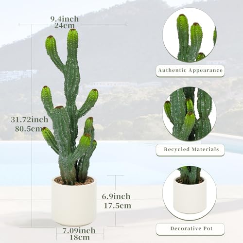 32” Artificial Cactus Plants, Tall Artificial Plants Outdoor, Tall Fake Cacti Plant UV-Resistant in White Pot, Faux Floor Plants for Indoor Home Office Hotel Bedroom Patio Balcony Garden - Image 3