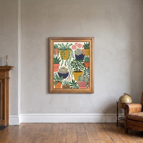 Framed Canvas Wall Art Bohemian Gouache Succulents in Pots Mustard Navy and Coral Canvas Print Poster Gold Frame Wall Decor for Living Room Office Botanical Art, Boho Decor - Inch 12x16 - Image 7
