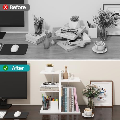 ELITEROO Desk Bookshelf, 4 Tier Wood Desktop Bookshelf, Adjustable Table Top Book Shelf and Storage Rack for Office Supplies, Dorm, Home Office, White - Image 4