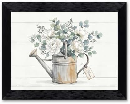 Framed Canvas Wall Art Vintage Peony Bouquet in Watering Can Sage Green Floral Canvas Print Poster Black Frame Wall Decor for Farmhouse Kitchen Botanical Art, Rustic Chic - Inch 12x16 by Unknown