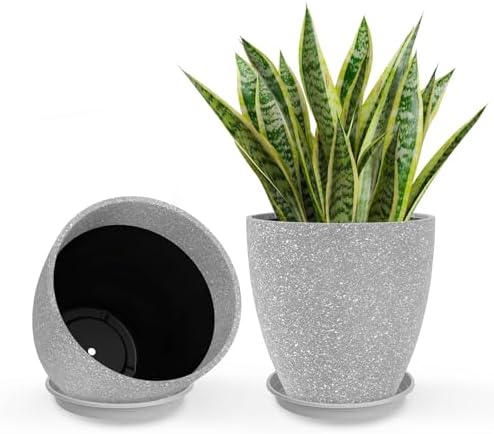 GameXcel Flower Pot Indoor - Outdoor Plant Pot - Gray Rough Planter - Elegant Stone Imitation - 12" Diameter 12" Tall with Drainage Holes and Saucer 2 Pack by GameXcel