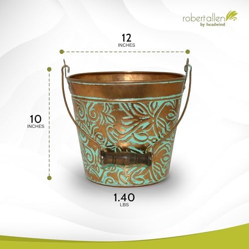 Headwind Vintage Floral Metal Planter with Handle, 12-Inch, Vintage Copper – Metal Flower Pot & Decorative Bucket Planter, Rustic Metal Outdoor Planter with Drainage Hole for Indoor Plants & Outdoor G - Image 2