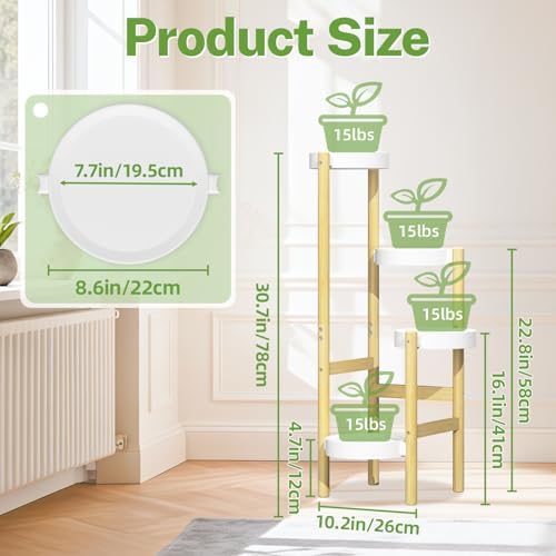 iDavosic.ly 4 Tier Bamboo Plant Stand Indoor Outdoor, Plastic Tray, White - Image 3