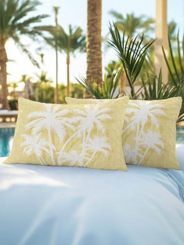Tropical Palm Tree 12x20 Waterproof Outdoor Lumbar Pillows Set of 2 with Inserts, Vintage Yellow Exotic Botanical Plants Patio Decorative Cushion Pillows for Outdoor Sofa Bench Porch Balcony - Image 5