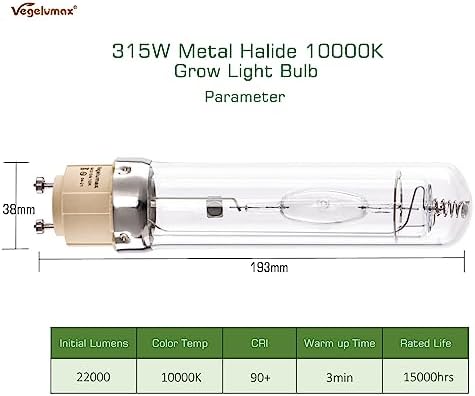 MH 315W Metal Halide Grow Light Bulb Lamp Full Spectrum CCT 10000K,High Efficiency Enhanced Blue Spectrum CDM for Flowering,Compatible with CMH 315 Grow Bulb Fixture PGZX 18 Socket,2Pack - Image 3
