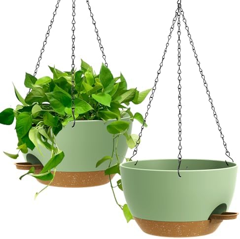 UOUZ 13 Inch 2 Pack Large Self Watering Hanging Planters for Indoor Outdoor Plants, Hanging Plant Pots with Removable 50 Oz Reservoir, Plastic Hanging Basket for Window Porch Garden, Green with Brown by UOUZ