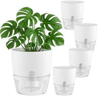 Planterhoma 5 Pack Self Watering Pots for Indoor Plants, 9 Inch Plant Pot Plastic Self Watering Planter for Orchid, Monstera, Lily, Large Clear Flower Pots with Drainage Holes and Wicking Rope, White by Planterhoma
