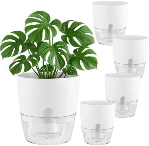 Planterhoma 5 Pack Self Watering Pots for Indoor Plants, 9 Inch Plant Pot Plastic Self Watering Planter for Orchid, Monstera, Lily, Large Clear Flower Pots with Drainage Holes and Wicking Rope, White by Planterhoma