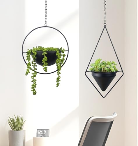 Metal Hanging Planters Set of 2 Modern Indoor Plant Hanger with Round and Diamond Pots, Geometric Small Wall and Ceiling Hanging Plant Holders for Succulents and Herbs, Black Finish - Image 5