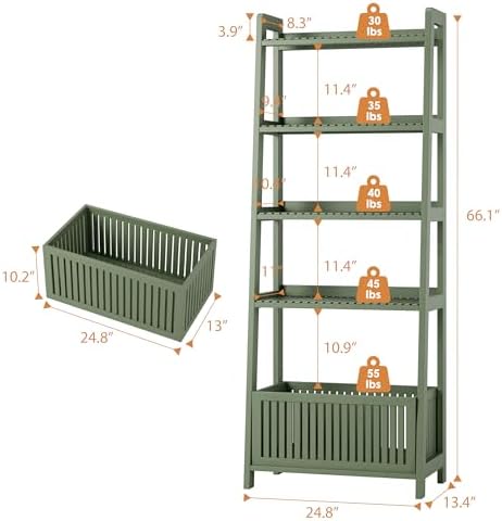 Bamjoy Bamboo Ladder Bookcase, Bookshelf with 4 Display Shelves and 1 Open Storage Basket, Storage Rack Organizer for Home Office, 66” H Forest Green - Image 2