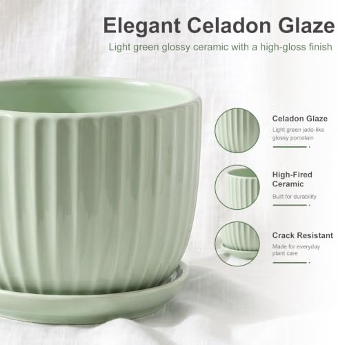 Flower Pots,Ceramic Plant Pots with Drainage Holes Set of 3（Light Green） - Image 3