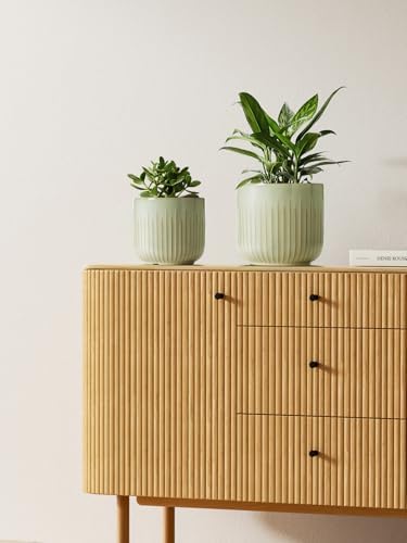 LE TAUCI Ceramic Pots for Plants, 8.3/7/6 Inch Indoor Planters with Drainage Holes & Mesh, Modern Glossy Glaze Cylinder Fluted Plant Pot for Snake Plant, Set of 3, Sage Green - Image 2