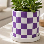 Checkered Ceramic Planter Pot with Drainage Hole and Saucer, Black and White Planters Decor,Indoor Cylinder Round Planter Pot (Purple, Medium) - Image 7