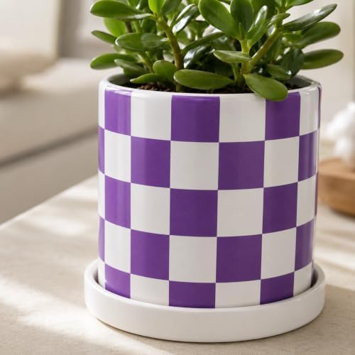 Checkered Ceramic Planter Pot with Drainage Hole and Saucer, Black and White Planters Decor,Indoor Cylinder Round Planter Pot (Purple, Medium) - Image 7