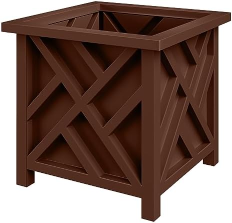 Lattice Design Planter Box - 15.5-Inch-Square Decorative Outdoor Flower or Plant Pot - Front Porch, Patio, and Garden Decor by Pure Garden (Brown) by PureGarden