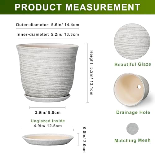 Ceramic Pots for Plants - 5.6 Inch Plant Pot with Drainage Hole and Tray, Round Succulents Pots for Indoor Outdoor, Decorative Planters, Home Room Office Decor, Gifts for Plant Lovers, Grey - Image 2