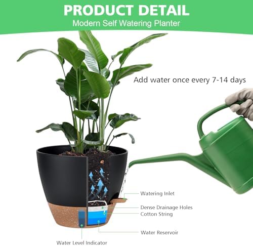 12" 10" 9" 8" Self Watering Pot for Indoor Plants, Large Plastic Planters Set with Water Level Indicator Deep Reservoir Tray, Bottom Watering Big Flower Pots with Mesh Drainage Hole - Black - Image 6