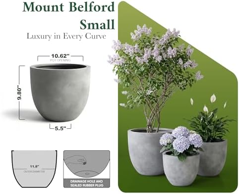 DTY Mount Belford 11.8'' D x 9.6'' H (Pot Opening 10.6") Fiberstone Egg Shaped Planter with Drainage Hole, Smooth Finishes, Weather Resistant for Indoor and Outdoor, 2 Extra Coco Mats - Small, Gray - Image 7