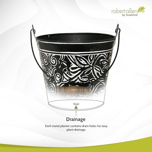 Headwind Vintage Floral Metal Planter with Handle, 12-Inch, Charcoal – Metal Flower Pot & Decorative Bucket Planter, Rustic Metal Outdoor Planter with Drainage Hole for Indoor Plants & Outdoor Garden - Image 5