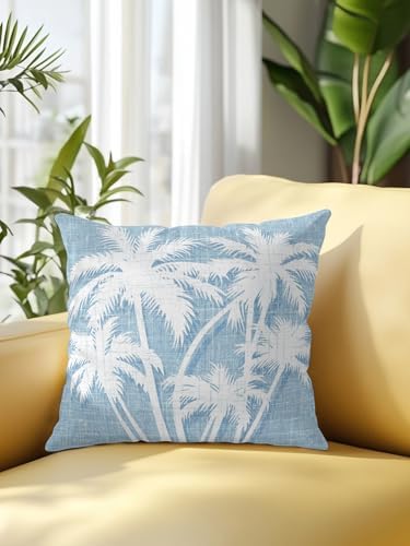 Throw Pillow 16x16 Inch, Tropical Palm Tree Waterproof Outdoor Pillow Covers with Insert, Vintage Light Blue Exotic Botanical Plants Decorative Pillowcase Cushion for Patio, Garden, Couch, Sofa, Bed - Image 2