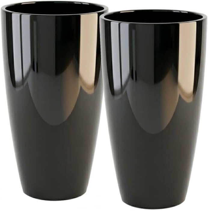 SUN-E Tall Planter for Outdoor Indoor Plants 2Pack, 21Inch Large Gloss Black Planter with Removable Insert Shelf High Glossy Piano Finish Ceramic-Look Tall Flower Pot for Office Lobby Minimalist Decor by SESUN-E