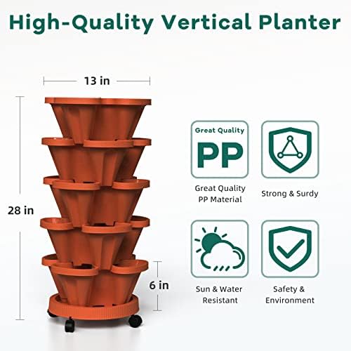 Strawberry Vertical Planters 2 Pack, 5 Tiered Stacking Tower Garden with Support Pole, Stackable Herb Vegetable Planters Indoor Outdoor Terra Cotta - Image 2