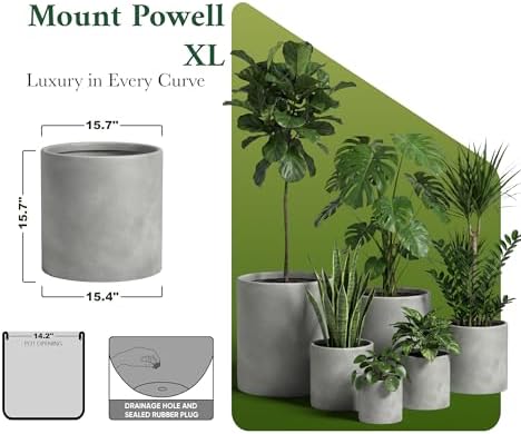 DTY Mount Powell 15.7" D x 15.7" H (Pot Opening 12.6") Fiberstone Cylindrical Planter with Drainage Hole, Weather Resistant for Indoor & Outdoor Use, Includes 2 Extra Coco Mats - Gray, Extra Large - Image 7