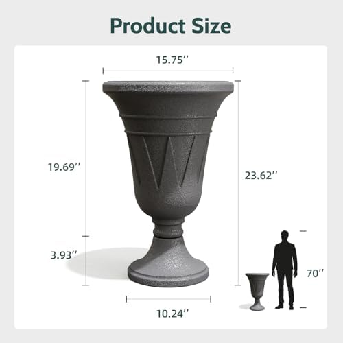 Tall Plastic Urn Planters and Pedestal - 24" Outdoor Planter Grey - Image 2