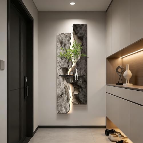 3D Textured Sandstone Wall Art with LED Light and Hydroponic Vase, Modern Framed Abstract Sculpture Wall Decor for Living Room Bedroom for Apartment Office Entryway(Grey-A,35x100cm (13.8x39.4in)) - Image 2