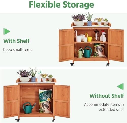 Yaheetech Rolling Potting Bench Outdoor Storage Cabinet, Metal Top, Brown - Image 3