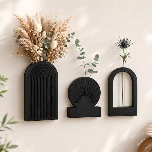 TBWIND Black Wooden Wall Vases Set of 3, Wall Planters with Glass Tube Kit by TBWIND