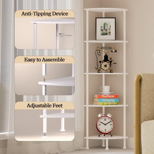 5-Tier Corner Shelf Stand, 52" Industrial Corner Display Rack for Living Room, Bookshelf, Tall Display Shelf, Plant Stand, Storage Standing Shelf for Bedroom, Bathroom, Kitchen, White - Image 4