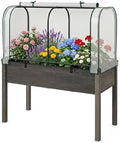 GIANTEX Raised Garden Bed with Cover, Wood Elevated Planter Box with Legs & Mini Greenhouse, Waterproof Sun-Protective PE Green House Cover, Outdoor Use for Fruit Vegetable Flower Herb (White+Gray) by Giantex