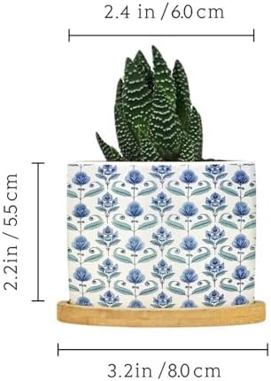 Blue Floral Planter Ceramic Mughal Flower Round Plant Pots with Drainage Holes and Bamboo Tray Pot for Succulents Cactus Garden Windowsill - Image 2