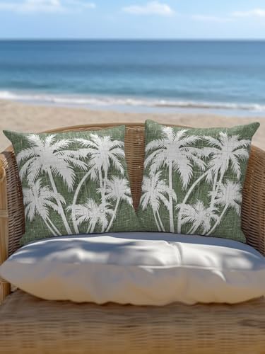 Outdoor Throw Pillow Set of 2, Tropical Palm Tree Waterproof Pillow with Insert Included, Vintage Moss Green Exotic Botanical Plants Decorative Accent Cushion Sofa Pillows for Patio Porch, 18 x 18 In - Image 6