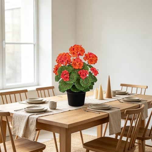 Briful Fall Geranium Artificial Flowers Realistic Potted Plant, Orange - Image 7