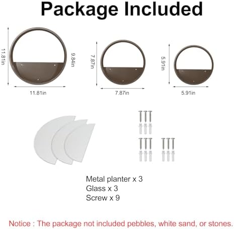 3 Pack Set Wall Planters,Modern Round Glass Wall Planter Succulent Planter Circle Iron Hanging Planter Vase for Herb,Small Cactus Perfect for Balcony, Room and Patio Decor (Coffee) - Image 2