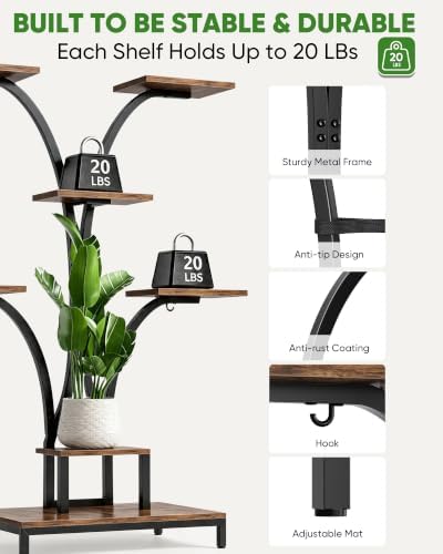 7 Tiered Plant Stand Indoor with 3 Grow Lights, 59" Tall Corner Plant Shelf for Multiple Plants, W-Shaped Metal Wood Plant Rack for Living Room, Bedroom, Office, Home Decor, Rustic Brown - Image 6