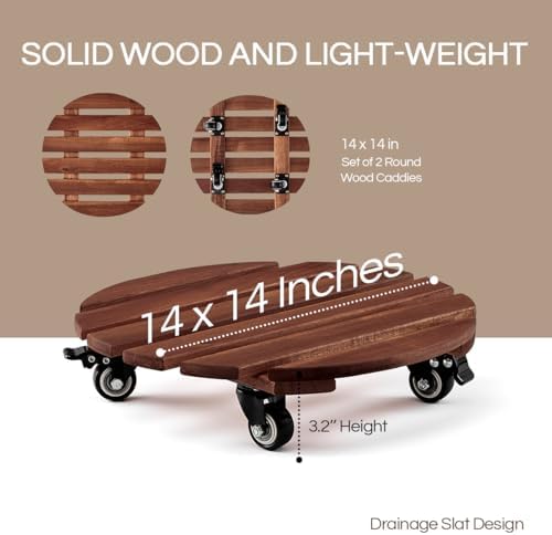 THYOI 2 Pack 14" Acacia Wood Plant Caddy with Lockable 360° Brown - Round - Image 2