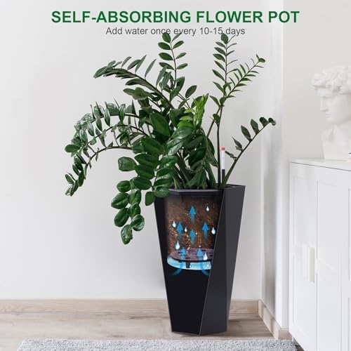 Patikuin Self-Watering Tall Planters Set of 2, Large Resin Flower Pots with Water Level Gauge, Double Tray Protection for Indoor Outdoor Patio Garden Porch Living Room, White & Black - Image 3
