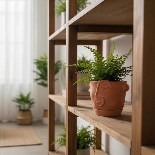HERDUK 6 Inch Terracotta Abstract Face Planter with Drainage & Saucer – Artistic Ceramic Flower Pot for Indoor Plants, Boho Home Decor, Unique Gift for Plant & Art Lovers - Image 3