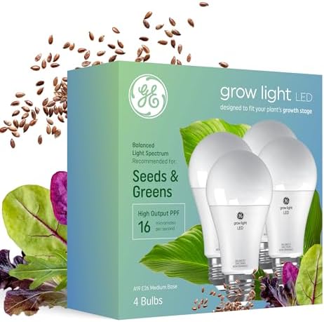 GE Grow Lights for Indoor Plants, A19 LED Light Bulbs for Seeds and Greens with Balanced Light Spectrum, White Indoor Plant Light, 25,000 Hours Lifespan, 16 PPF, 4 Pack (Packaging May Vary) by GELighting