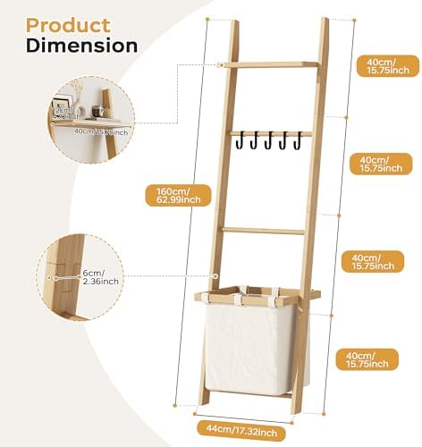 63" Bamboo Blanket Ladder with Shelf, Fabric Storage Basket and 5 Hooks - Image 2