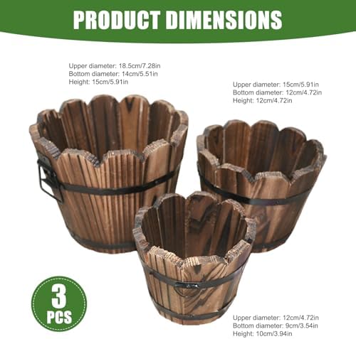 3Pcs Whiskey Barrel Planter Vintage Wooden Barrel Planter with Wavy Mouth & Drainage Hole Decorative Plant Pot with Handles for Indoor Outdoor Garden, Décor de pelouse - Image 7
