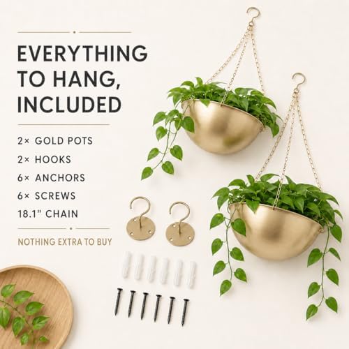 AceList Gold Hanging Planter for Indoor Plants, Set of 2-9.8 Inch Boho Metal Plant Hanger with Hooks & Chain, Brass Finish Hanging Plant Holder for Window, Ceiling & Living Room Decor - Image 2