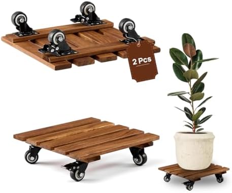 THYOI 2 Pack 12” Acacia Wood Plant Caddy with Lockable 360° Caster Wheels, 300 LB Heavy Duty Rolling Stand for Indoor Outdoor Planter Pots, Wooden Dolly for Patio (Dark Brown, Square) by THYOI