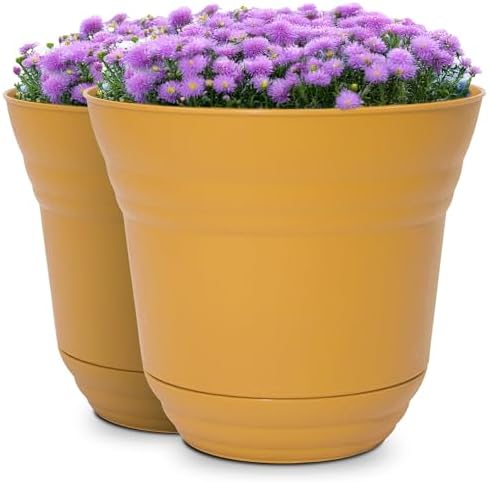 Headwind Traverse Planters – 12" 2 Pack Plastic Plant Pot in Harvest Yellow - Indoor & Outdoor Pots for Plants with Drainage - Decorative Plant Pot, Flower Pots Outdoor for Garden by Robert Allen by Headwind
