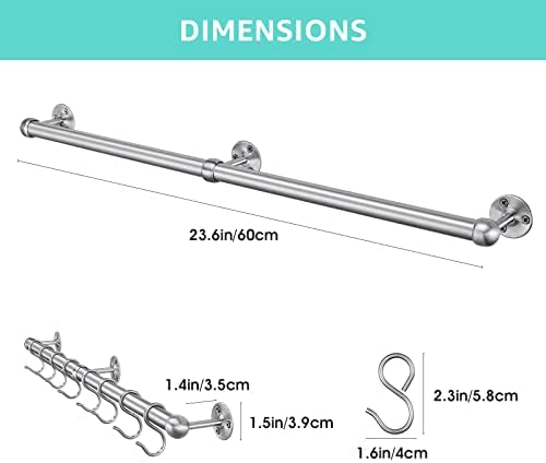 ROTHLEY Stainless Steel Hanging Pot Rack Hanger: 23.7 Inch Pot and Pan Hanger Wall Mounted Hanging Pot Bar Rack Heavy Duty Pot Hangers Kitchen Rail with 8 S Hooks (Brushed) - Image 2